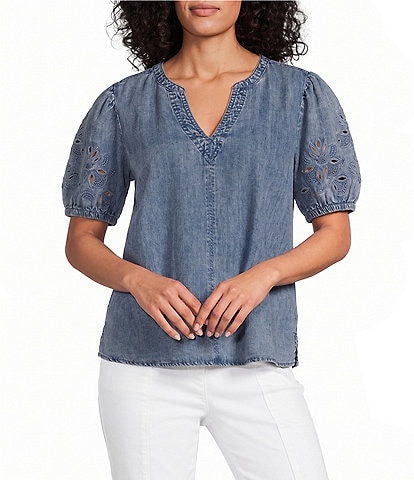 Intro Split V-Neck Embroidered Elbow Puff Sleeve Denim Blouse