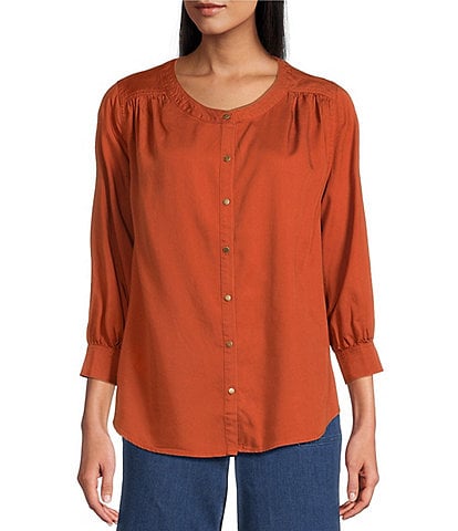 Intro Tencel Slub Split Round V-Neck 3/4 Sleeve Draped Easy Shirring Shirt
