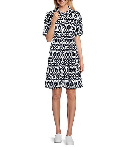 Intro Woven Geometric Print Point Collar 3/4 Roll-Tab Sleeve Tiered Button Front Shirt Dress