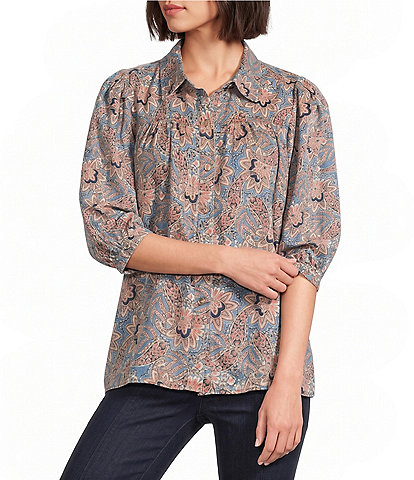 Intro Woven Jacobean Denim Print Point Collar Long Roll-Tab Sleeve Button-Front Shirt