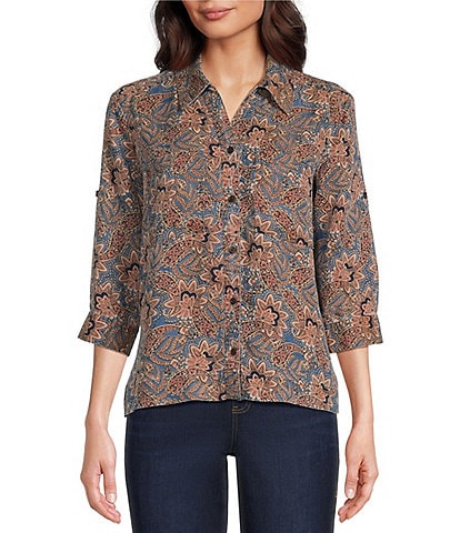 Intro Jacobean Print Lyocell 3/4 Roll-Tab Sleeve Button Front Top