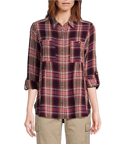 Intro Woven Plaid Print Point Collar 3/4 Roll-Tab Sleeve Button-Front Shirt