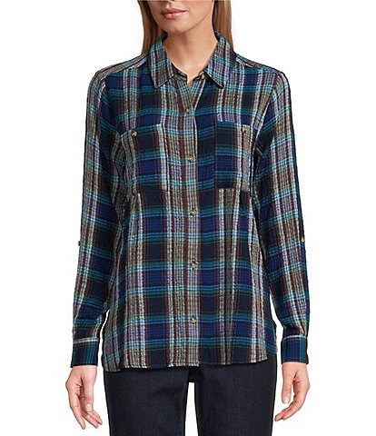 Intro Woven Plaid Print Point Collar 3/4 Roll-Tab Sleeve Button-Front Shirt