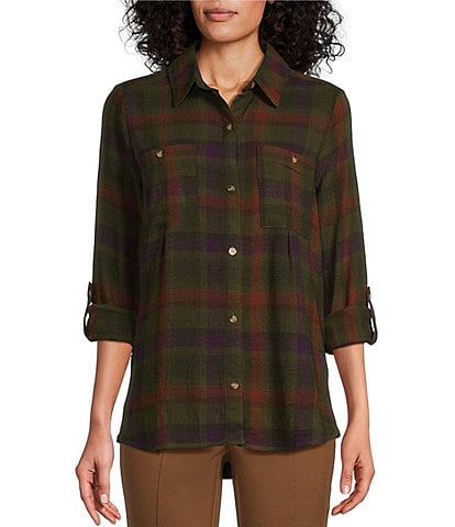 Intro Woven Plaid Print Point Collar 3/4 Roll-Tab Sleeve Button Front Shirt