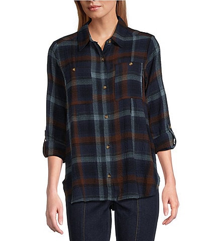 Intro Woven Plaid Print Point Collar 3/4 Roll-Tab Sleeve Button Front Shirt