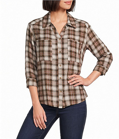 Intro Woven Point Monks Robe Plaid Print Collar Long Roll-Tab Sleeve Button-Front Denim Shirt