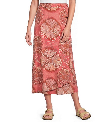Intro Woven Tie-Dye Print Faux Wrap Tie Front Flowy Skirt