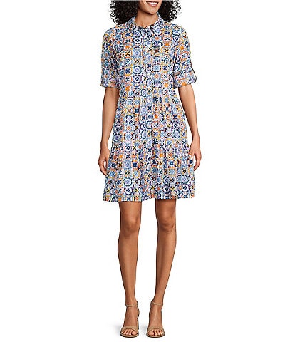 Intro Woven Tile Print Point Collar 3/4 Roll-Tab Sleeve Tiered Button-Front Shirt Dress