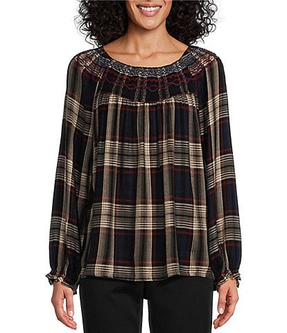 Intro Yarn-Dye Embroidered Smocked Scoop Neck Long Sleeve Plaid Print Top