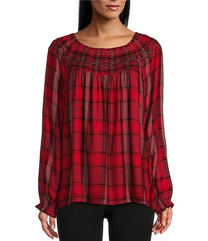 Intro Yarn-Dye Embroidered Smocked Scoop Neck Long Sleeve Plaid Print Top