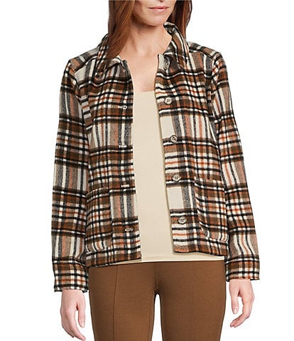 Intro Yarn Dye Plaid Point Collar Long Sleeve Button-Front Jacket