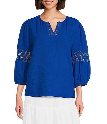 Investments 3/4 Sleeve Embroidery Trim Split V-Neck Coordinating Blouse