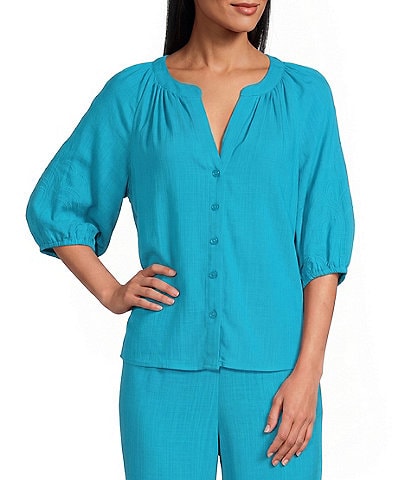 Investments 3/4 Sleeve Palm Tree Embroidery Y-Neck Button Down Coordinating Set Blouse
