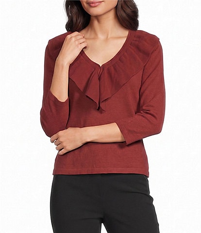 Investments 3/4 Sleeve Ruffle V-Neck Pullover Sweater