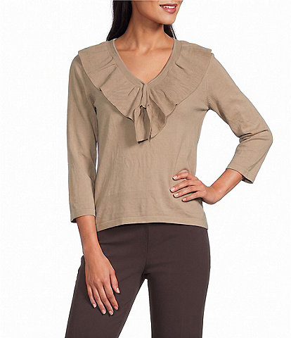 Investments 3/4 Sleeve Ruffle V-Neck Pullover Sweater