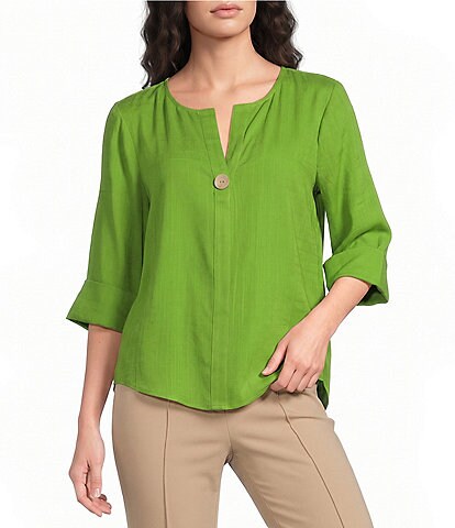 Investments 3/4 Sleeve Split V-Neck Button Shirt