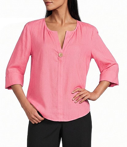 Investments 3/4 Sleeve Split V-Neck Button Shirt