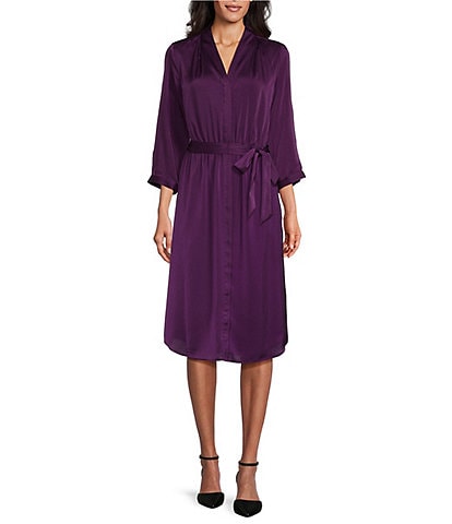 Investments 3/4 Sleeve V-Neck A-Line Midi Dress