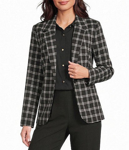 Investments Black Plaid Long Sleeve Button Front Blazer