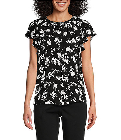 Investments Black White Sprigs Print Woven Button Front Flutter Cap Sleeve Top