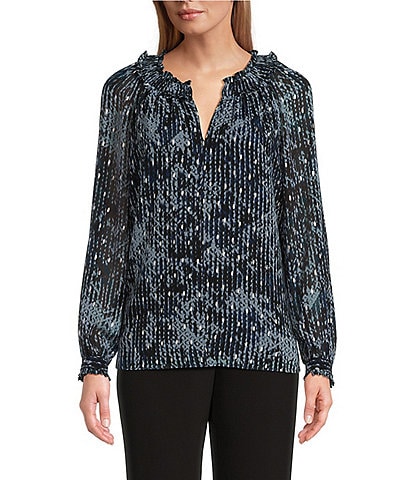Investments Blur Ikat Print Long Sleeve Pleated Split V-Neck Woven Top