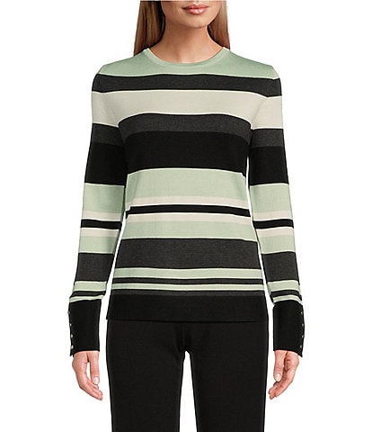 Investments Bold Stripe Crew Neck Long Sleeve Button Cuff Sweater