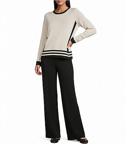 Investments Border Stripe Long Sleeve Crew Neck Pullover Top