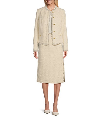 Investments Boucle Round Neck Long Sleeve Button Front Jacket & Coordinating Boucle Midi Pencil Skirt