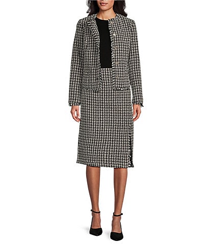 Investments Boucle Round Neck Long Sleeve Button Front Jacket & Coordinating Boucle Midi Pencil Skirt