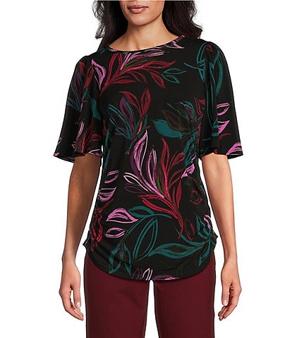 Investments Brushstroke Leaves Print Crew Neck Flare Short Sleeve Ruched Top