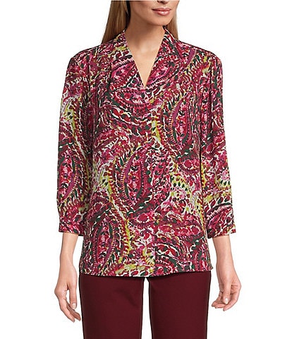 Investments Caroline Signature Elegant Paisley Print V-Neck 3/4 Sleeve Button Front Top