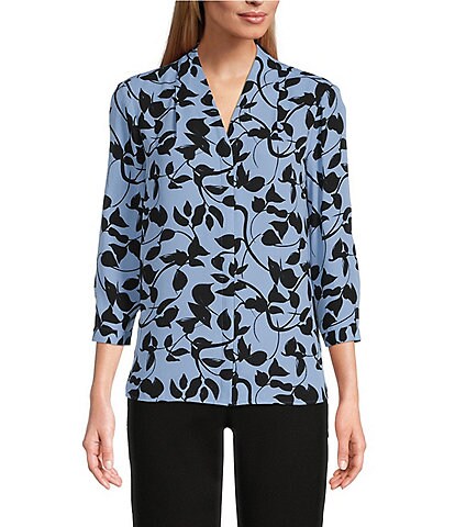 Investments Caroline Signature Painted Vines Print V-Neck 3/4 Sleeve Button Front Blouse