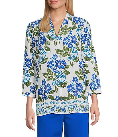 Investments Caroline Signature Stamped Hibiscus V-Neck 3/4 Sleeve Button Front Top