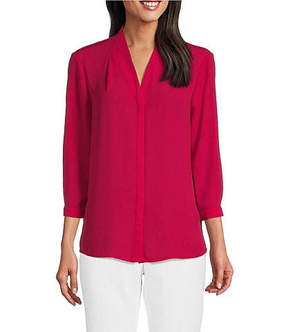 Investments Caroline Signature V-Neck 3/4 Sleeve Button Front Top