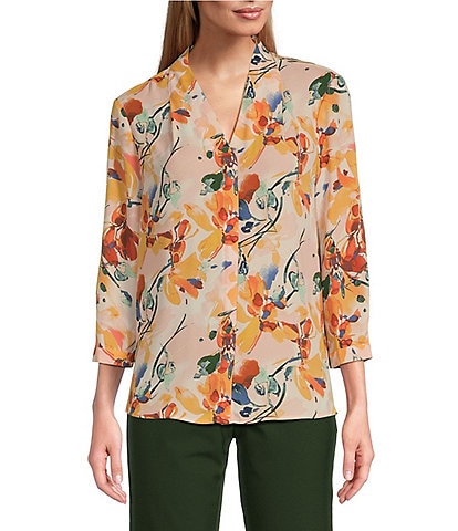 Investments Caroline Signature Whimsy Floral Print V-Neck 3/4 Sleeve Button Front Top