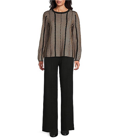 Investments Chevron Stripe Long Sleeve Crew Neck Pullover Top