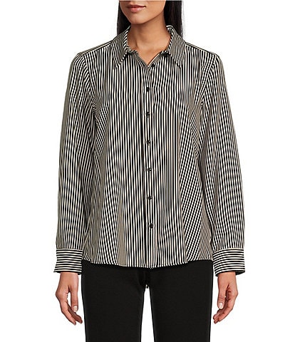 Investments Classic Stripe Print Woven Long Sleeve Button Front Point Collar Top