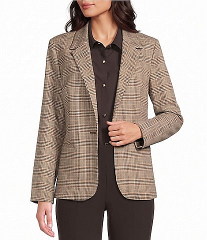 Investments Coffee Plaid Long Sleeve Button Front Blazer