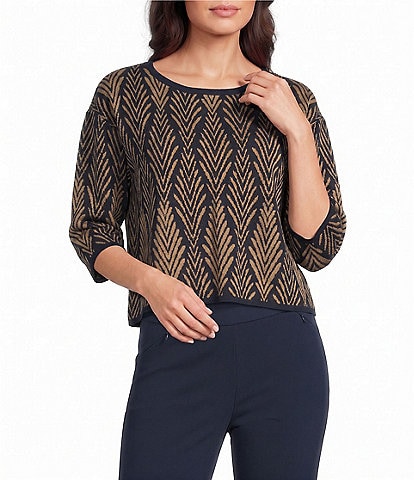 Investments Deco Palm Print Jacquard Long Sleeve Boat Neck Pullover Sweater