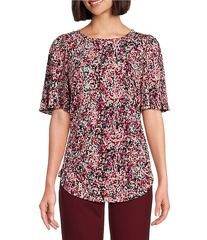 Investments Ditsy Garden Print Crew Neck Flare Short Sleeve Ruched Top