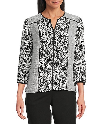 Investments Dotted Paisley Mixed Print 3/4 Sleeve Split V-Neck Blouse