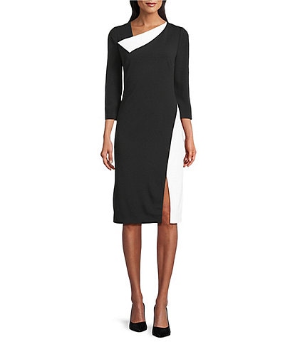 Investments Dresses Black White Color Block 3/4 Sleeve Envelope Neck Sheath Dress