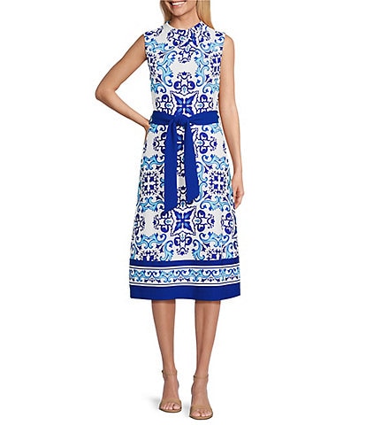 Investments Dresses Blue Regatta Print Sleeveless Crew Neck Tie Belt Fit and Flare Dress