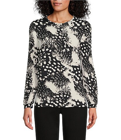 Investments Woven Dynamic Animal Print Pleated Long Sleeve Jewel Neck Covered Half Button Placket Top