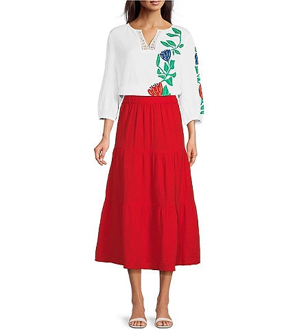 Investments Falling Leaf Print 3/4 Sleeve Embroidery Trim Split V-Neck Coordinating Blouse