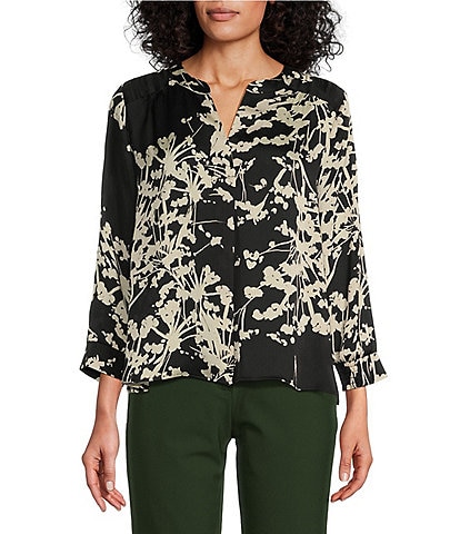 Investments Floral Imprint Woven Inverted Pleat V-Neck 3/4 Sleeve Top