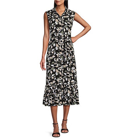 Investments Floral Print Point Collar Sleeveless Button Front Midi Dress