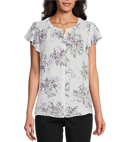 Investments Floral Stencil Print Woven Button Front Flutter Cap Sleeve Top