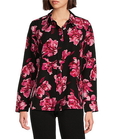 Investments Fluid Floral Print Woven Long Sleeve Button Front Point Collar Top