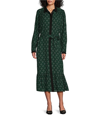 Investments Green Foulard Long Sleeve Point Collar Button Front Belted Dress